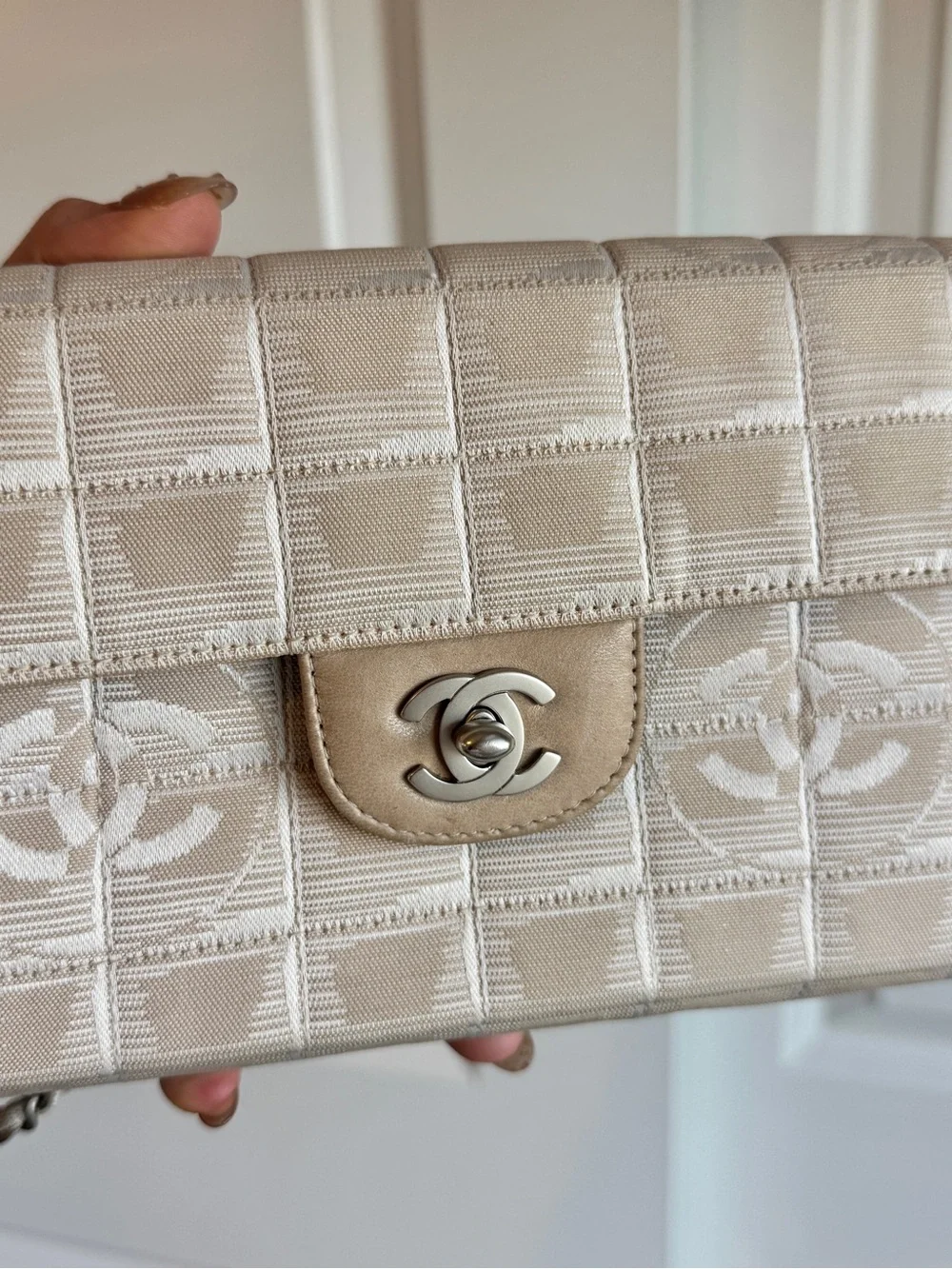 CHANEL Cream East West Flap Shoulder Bag with Silver Hardware
